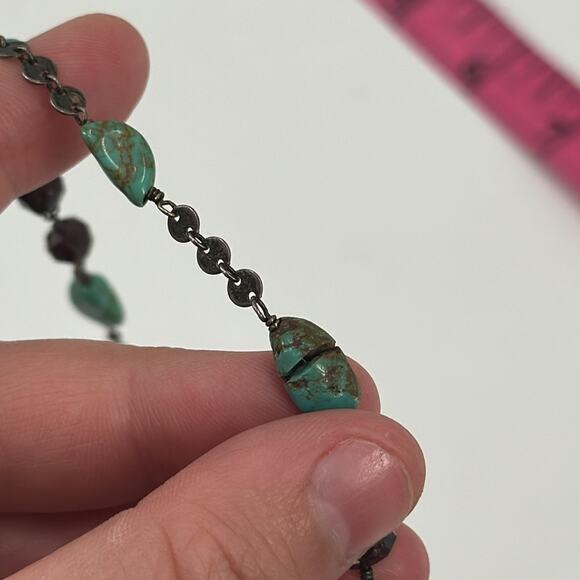 Handmade garnet and turquoise, peace, sign necklace with silver disc chain - Picture 9 of 9